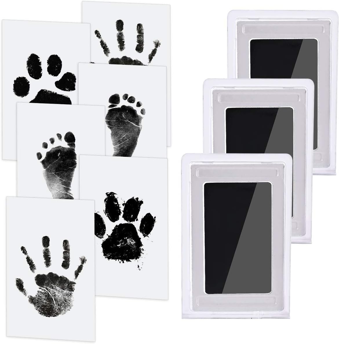 Baby Handprint and Footprint Kit, 3 Ink Pads with Clean-Touch, 6 Imprint Cards, Pet Paw Inkless Print, Safe Non-Toxic for Feet and Hands, Family Keepsake - Black