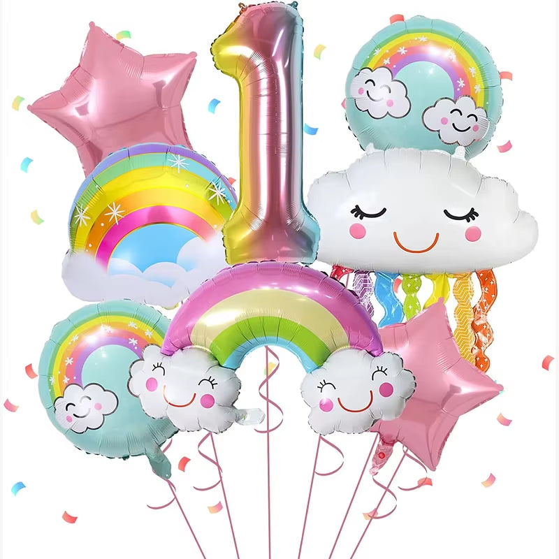 10 Pcs Rainbow Cloud Balloons Set 32Inch Digit 1-9 Years Old Kids Birthday Party Decorations Baby Shower Wedding Foil Balloons