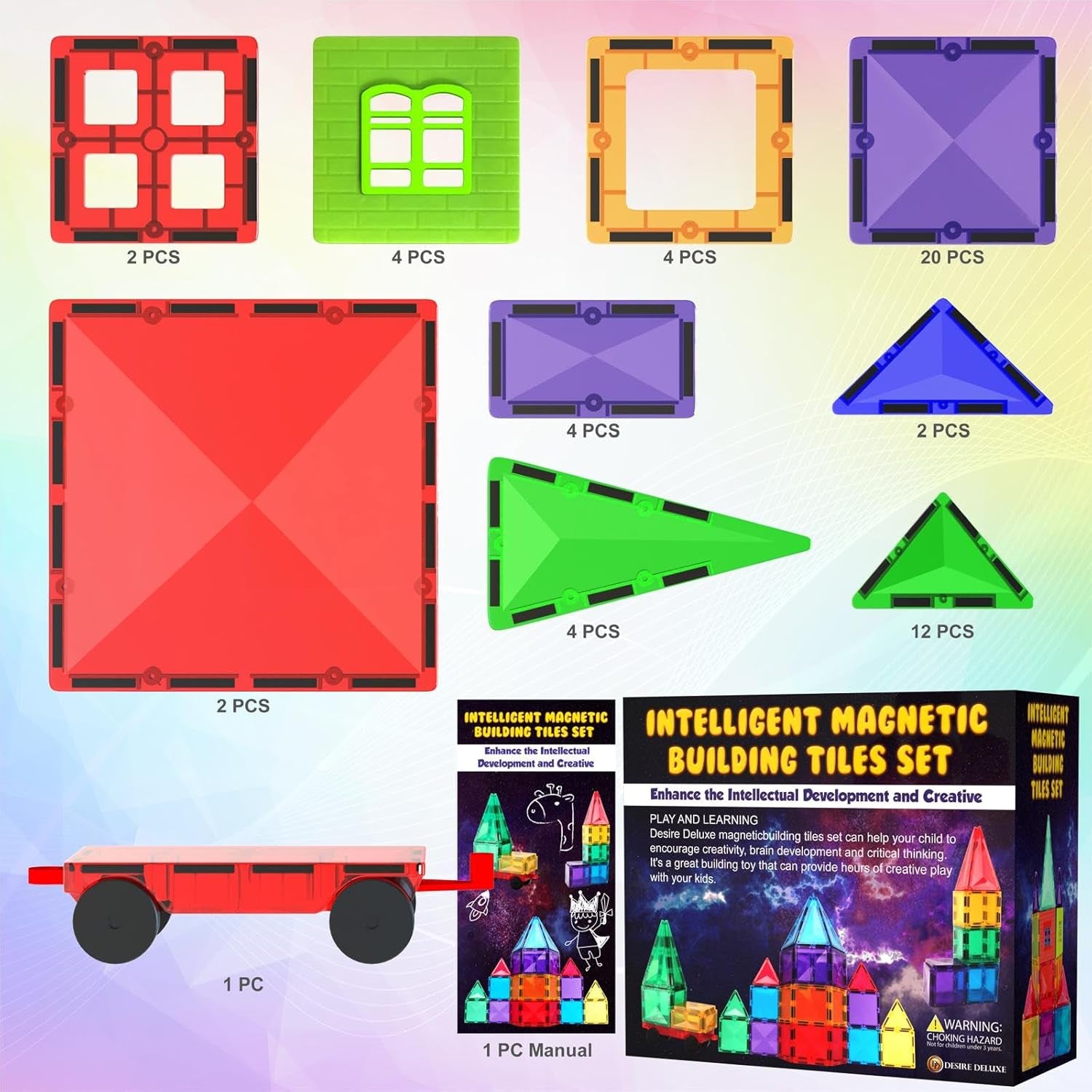 Magnetic Building Blocks Tiles STEM Toy Set 57PC – Kids Learning Educational Construction Toys for Boys Girls Present Age 3 4 5 6 7 Year Old - Gift
