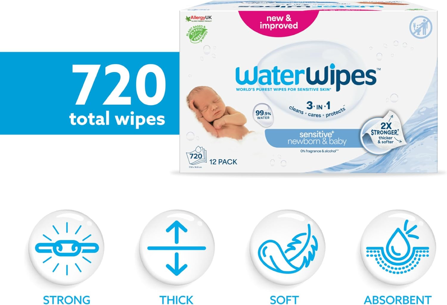 Sensitive+ Newborn & Baby Wipes, 720 Count (12 Packs), 3-In-1 Cleans, Cares, Protects, 99.9% Water, Unscented