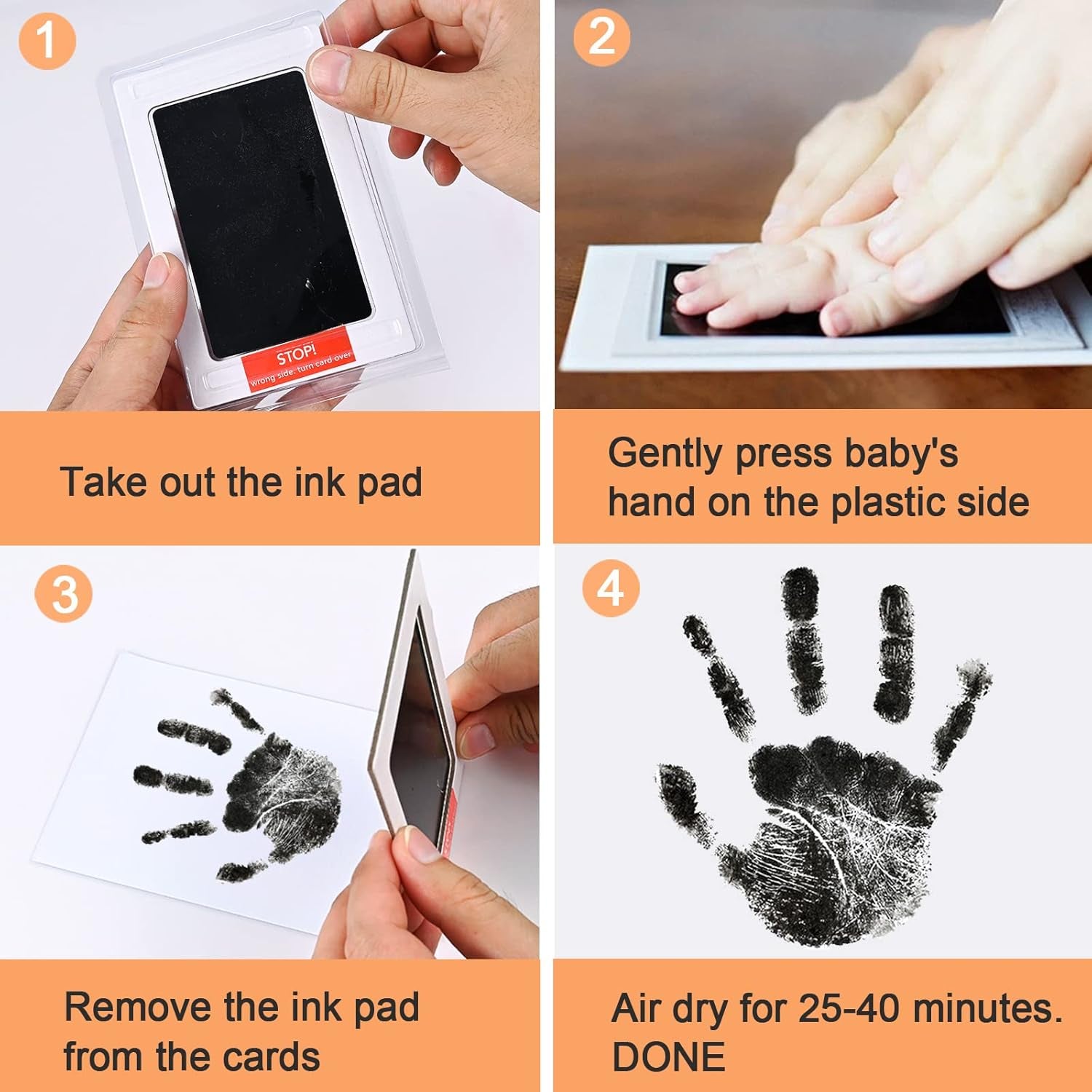 Baby Handprint and Footprint Kit, 3 Ink Pads with Clean-Touch, 6 Imprint Cards, Pet Paw Inkless Print, Safe Non-Toxic for Feet and Hands, Family Keepsake - Black