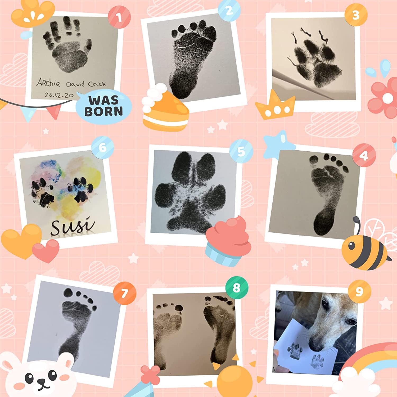 Baby Handprint and Footprint Kit, 3 Ink Pads with Clean-Touch, 6 Imprint Cards, Pet Paw Inkless Print, Safe Non-Toxic for Feet and Hands, Family Keepsake - Black