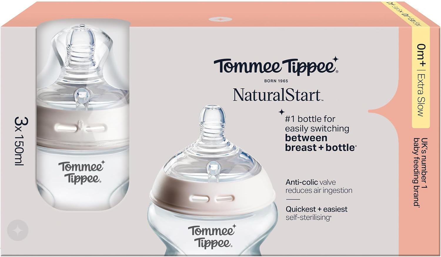Baby Bottles, Natural Start Anti-Colic Baby Bottle with Extra-Slow Flow Breast-Like Teat, 150Ml, 0M+, Self-Sterilising, Baby Feeding Essentials, Pack of 3