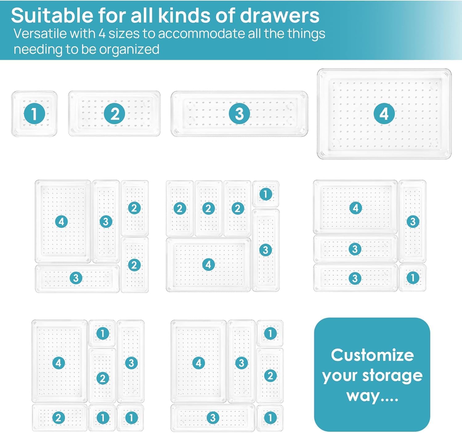 25 Pack Drawer Organiser, 4-Size Makeup Organizer Trays for Vanity, Bathroom, Desk, Office, Bedroom
