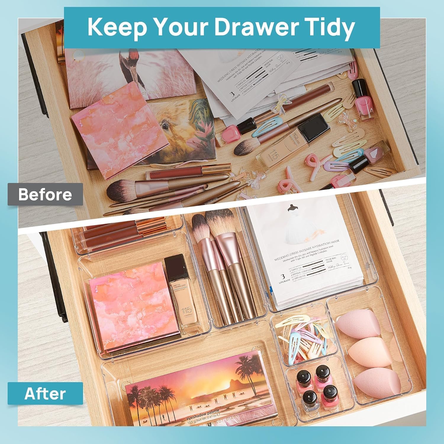 25 Pack Drawer Organiser, 4-Size Makeup Organizer Trays for Vanity, Bathroom, Desk, Office, Bedroom