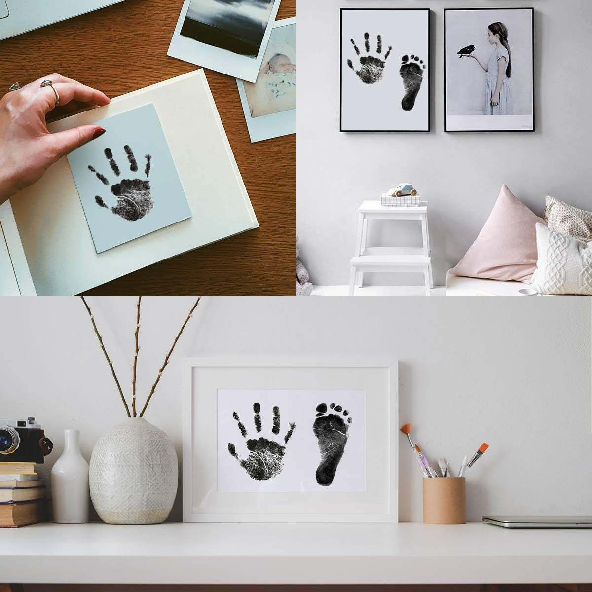 Baby Handprint and Footprint Kit, 3 Ink Pads with Clean-Touch, 6 Imprint Cards, Pet Paw Inkless Print, Safe Non-Toxic for Feet and Hands, Family Keepsake - Black